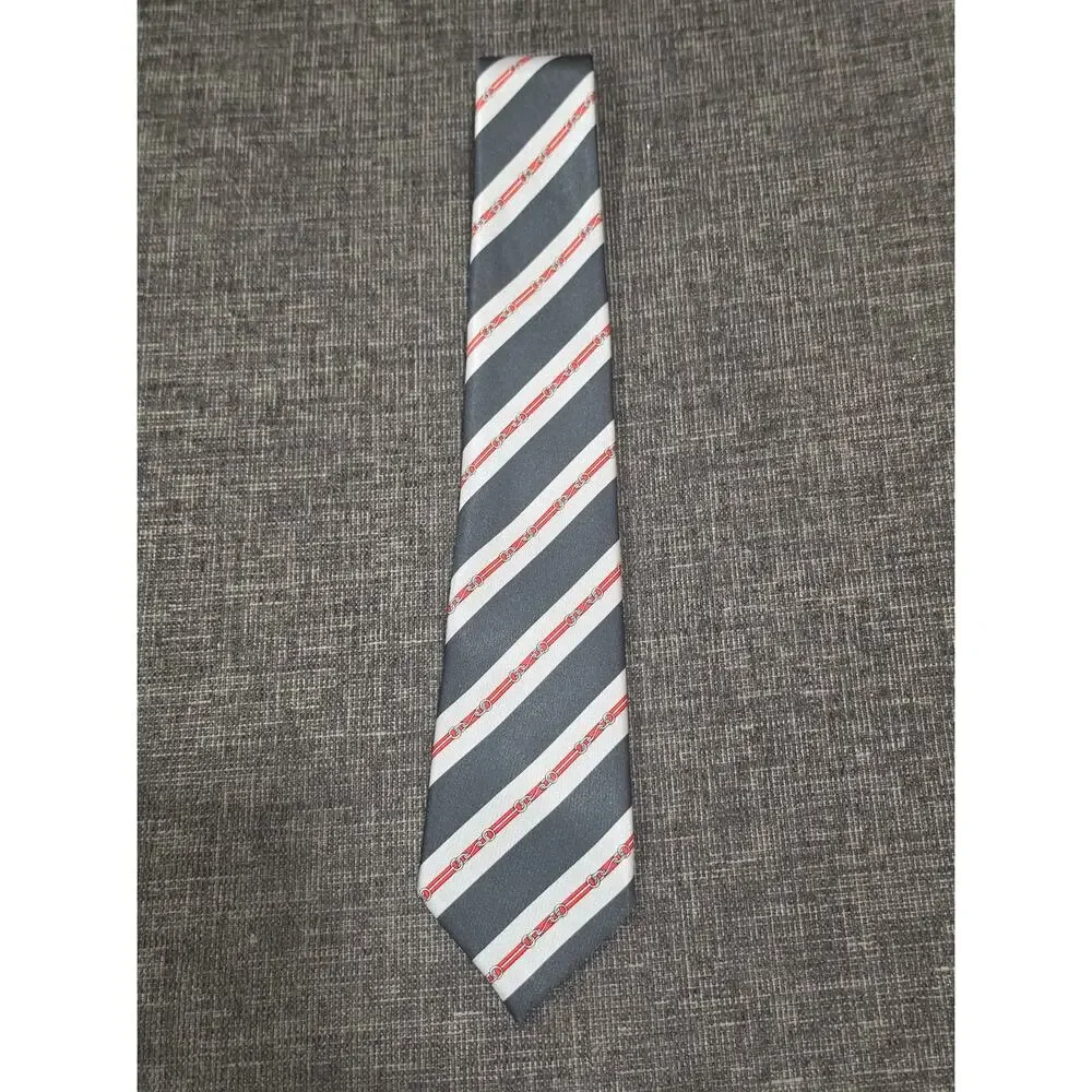Vintage K.M. Milano Mens Striped Silk Blend Necktie Gray Red Equestrian Chain
